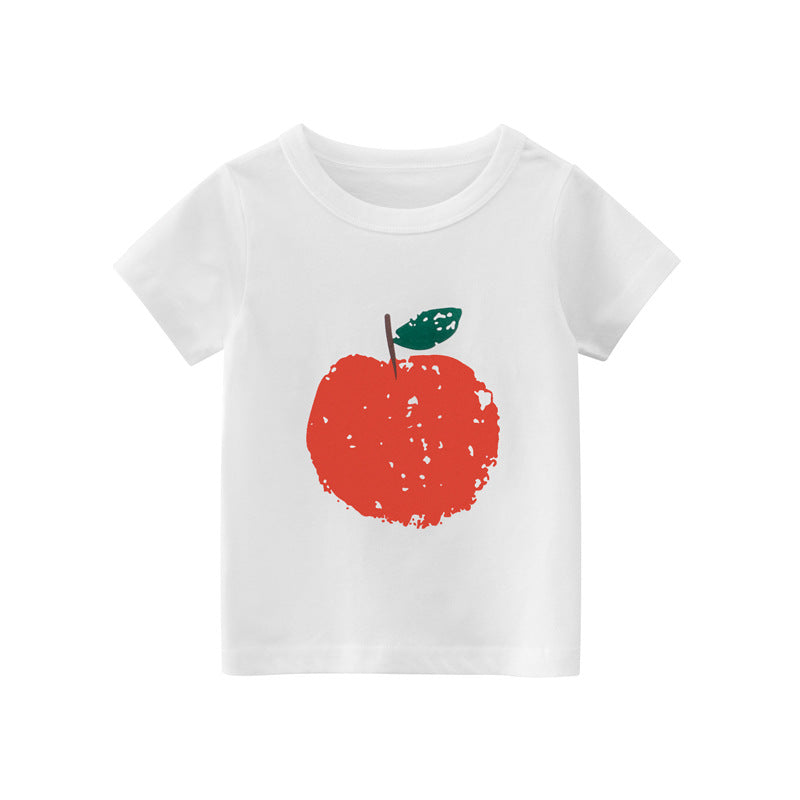 Kids Casual Round Neck Short Sleeve Cartoon Fruit Strawberry Pineapple Print Loose T-shirt