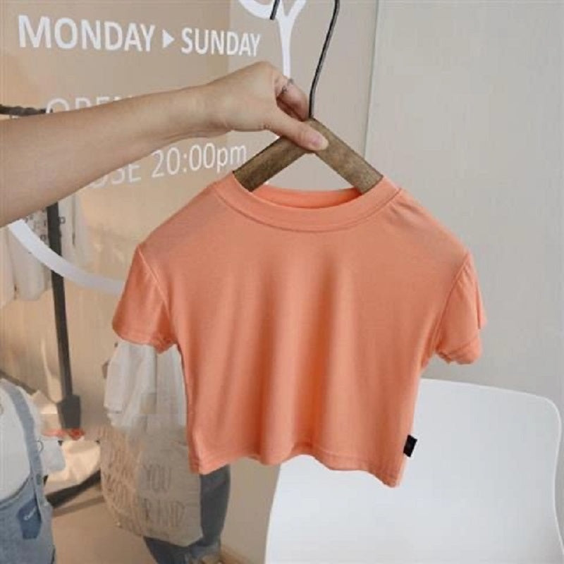 Kids Girls Simple Solid Color Round Neck Short Sleeve Loose T-shirt