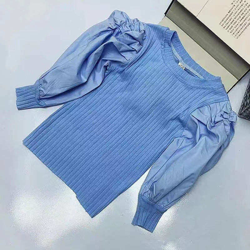 Kids Toddler Girls Fashion Casual Solid Color Rib-Knit Puff Sleeve T-Shirt