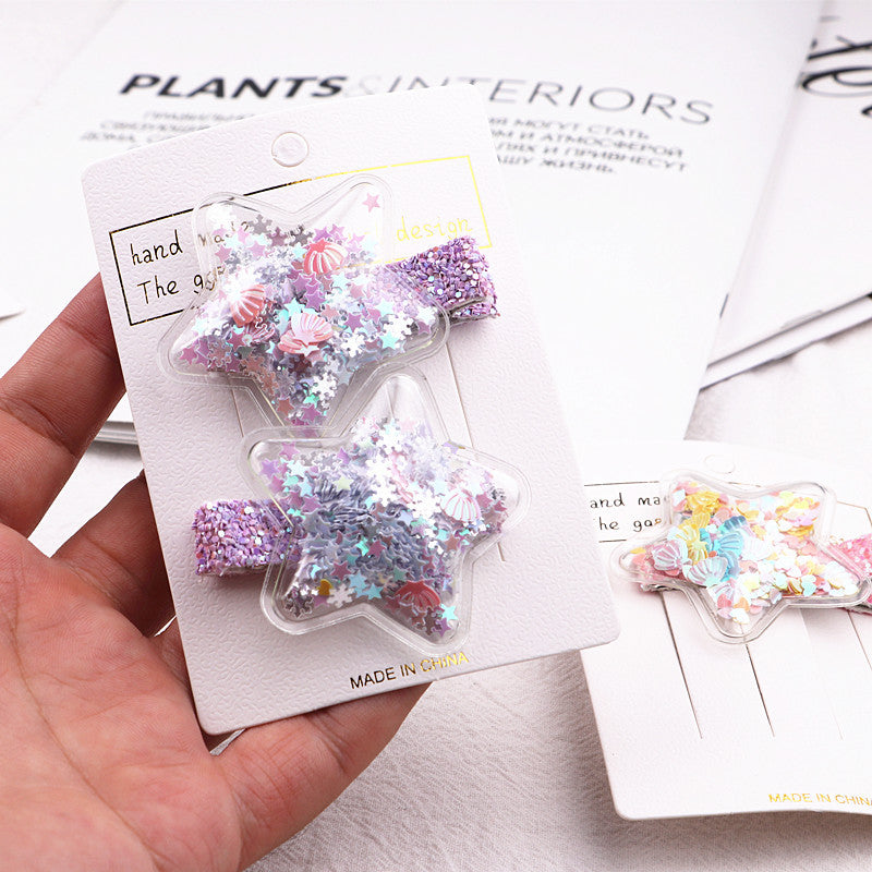 2pcs/set Girls Cute Glitter Star Quicksand Design Hairpin