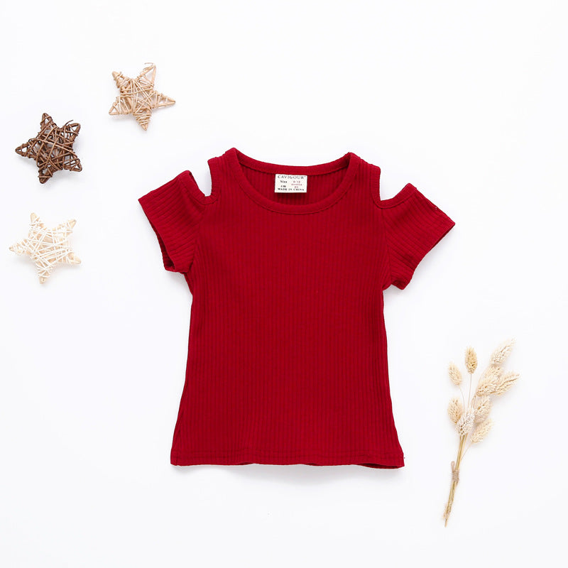 Girls Basic Solid Color Cool-shoulder Round Neck Short Sleeve T-shirt