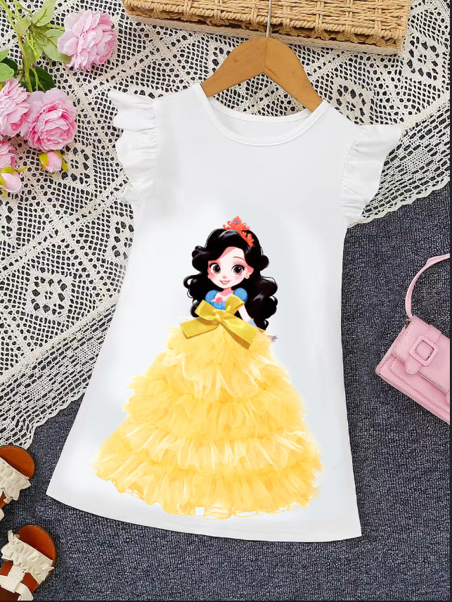 Toddler Girls Cartoon Princess Tulle Dress Printed Round Neck Cap Sleeve White Casual Dress