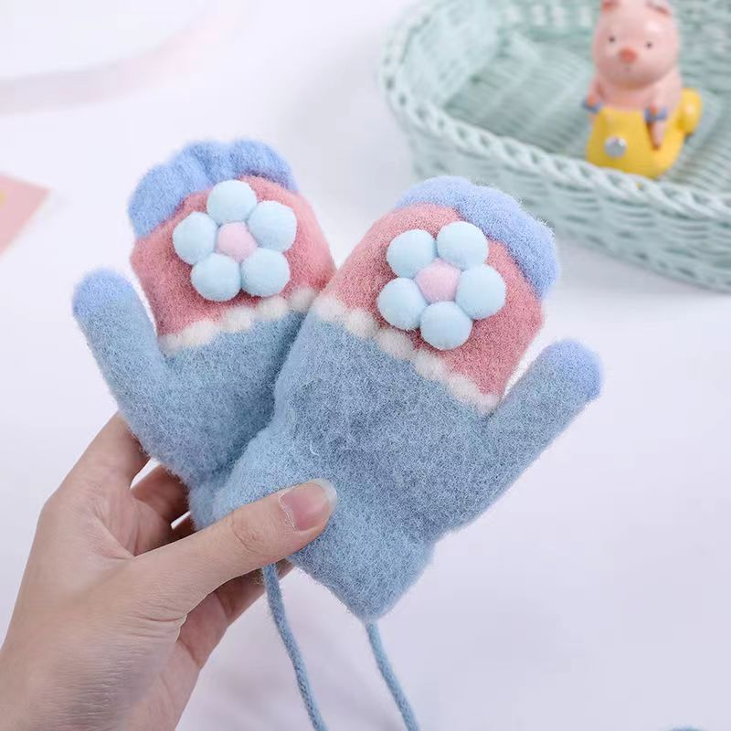 Winter Children Cartoon Color Block Stereo Floral Lanyard Warm Knitted Gloves