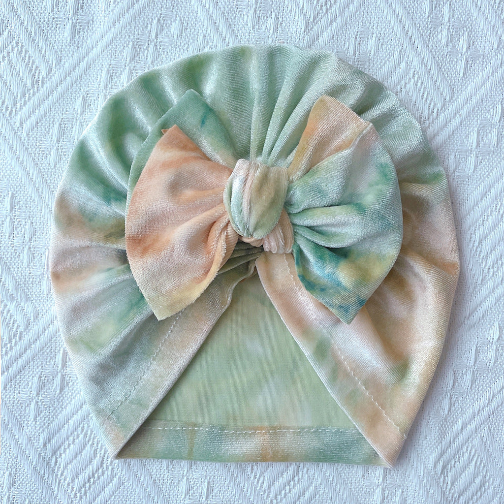 Toddlers Newborn Baby Velvet Tie-Dye Bow Turban Cap