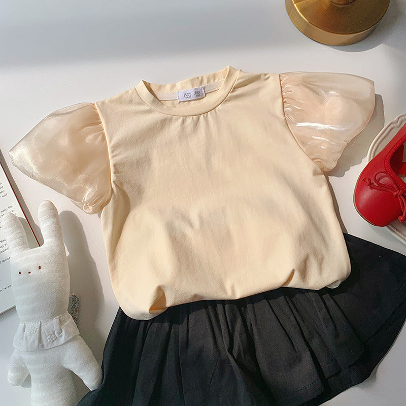 Kids Toddler Girls Casual Cute Solid Color Puff Sleeve Round Neck T-Shirt