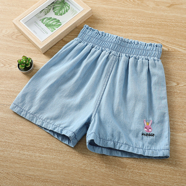 Kids Cute Cartoon Rabbit Fox Letter Embroidery Denim Casual Shorts