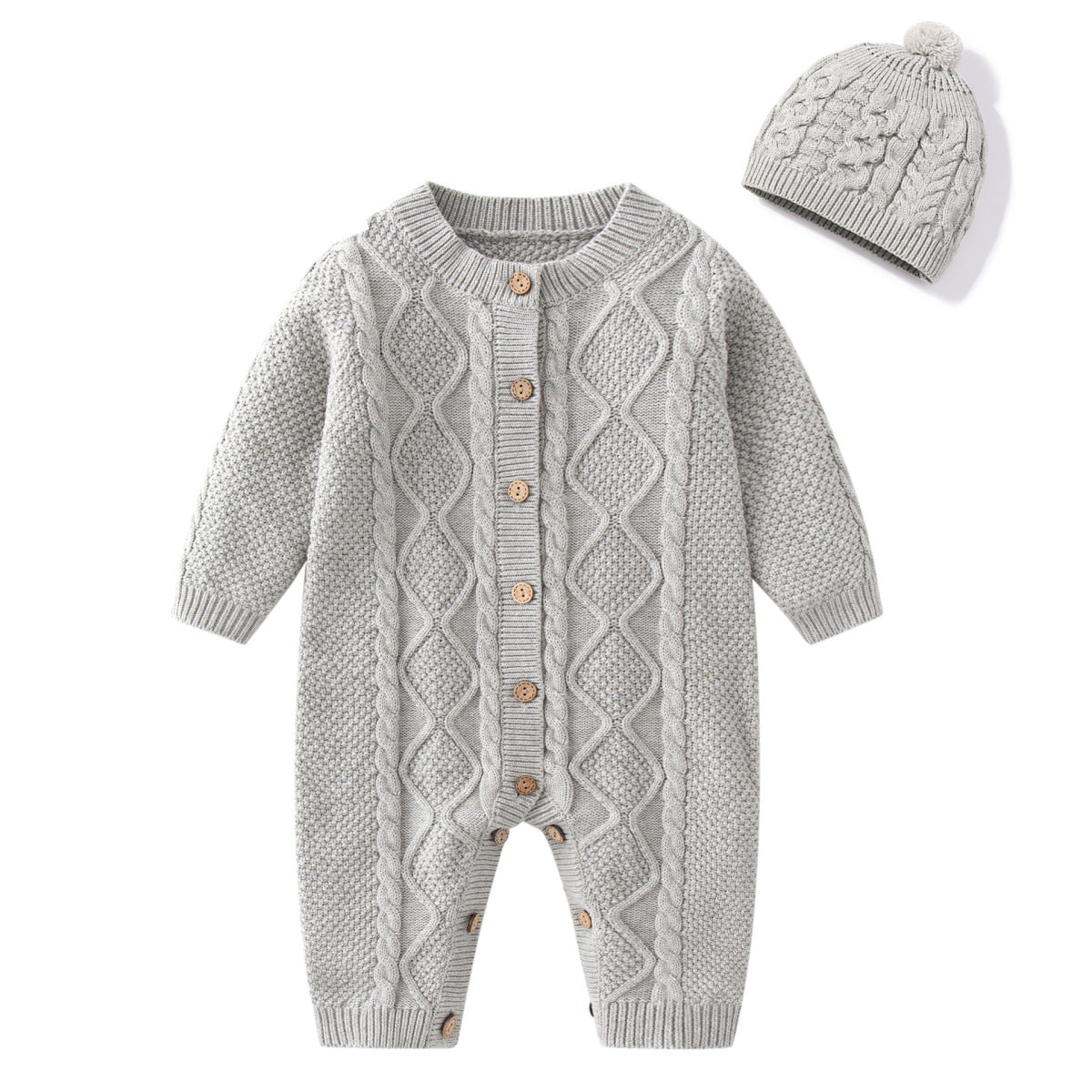 Winter Baby Simple Solid Color Single-Breasted Knitted One Piece And Hat