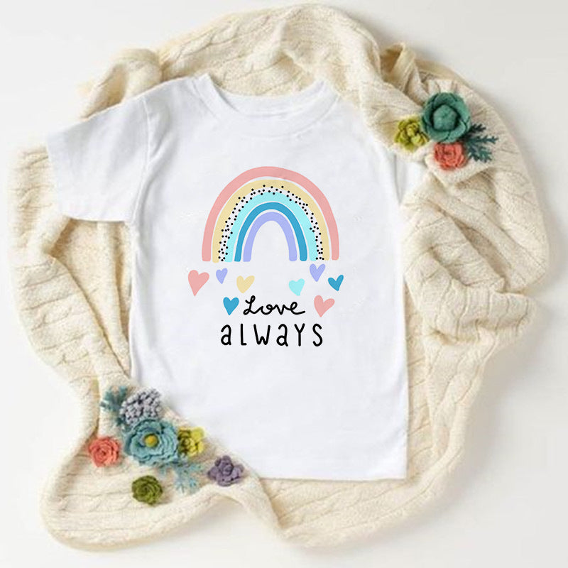 Children Kids Baby Fashion Girls Boys Basic Casual Rainbow I Love You Print Short Sleeve T-Shirt