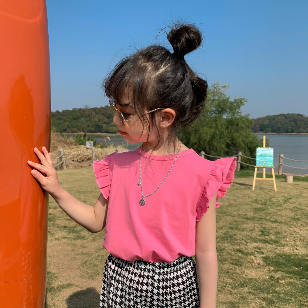 Kids Girls Simple Solid Color Stringy Selvedge Sleeveless Round Neck Loose T-shirt