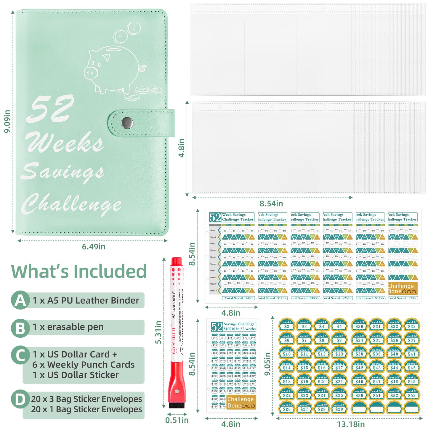 52 Weeks Savings Challenge Loose Paper Book.