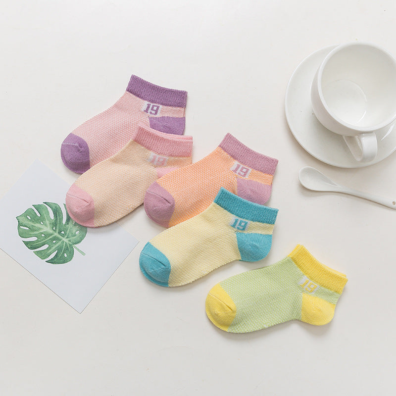 5pairs/set Kids Basic Color Blocking Breathable Socks