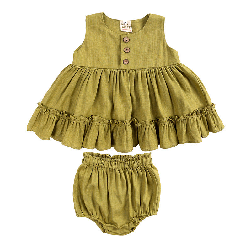 Toddlers Newborn Baby Girls Sleeveless Ruffle Solid Color Top And Shorts 2pcs Set