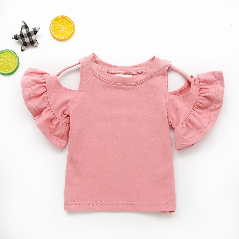 Baby Girls Simple Round Neck Short Sleeve Solid Color Cut Out Ruffled T-shirt
