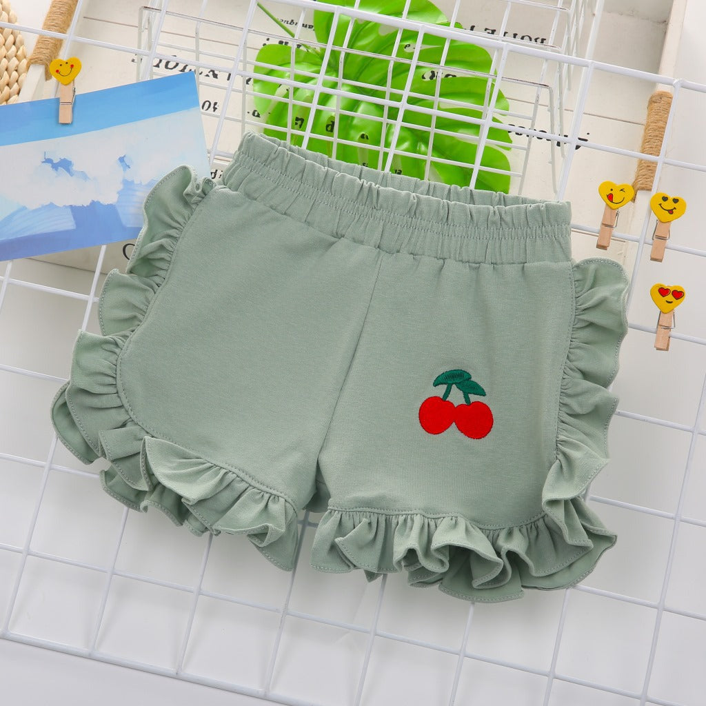 Kids Toddler Girls Fashion Cherry Embroidered Wood Ear Shorts