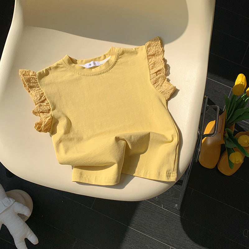 Kids Toddler Girls Casual Cute Solid Color Lace Cap Sleeve Round Neck T-Shirt
