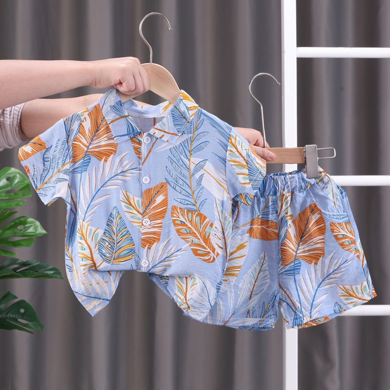 Boys' Fashion Short-Sleeved Printed Shirt Shorts Two-Piece Set