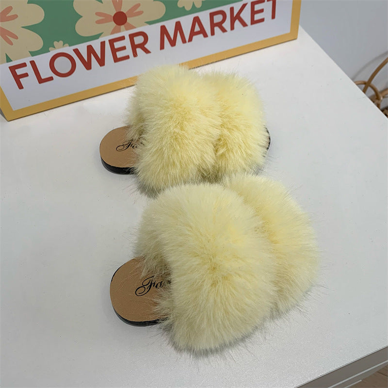 Kids Fashion Warm Non-Slip Soft Bottom Cross Strap Wool Slippers