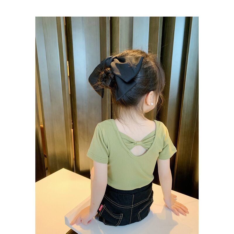 Children Kids Baby Fashion Girls Casual Basic Short Sleeve Solid Color Bowknot T-Shirt