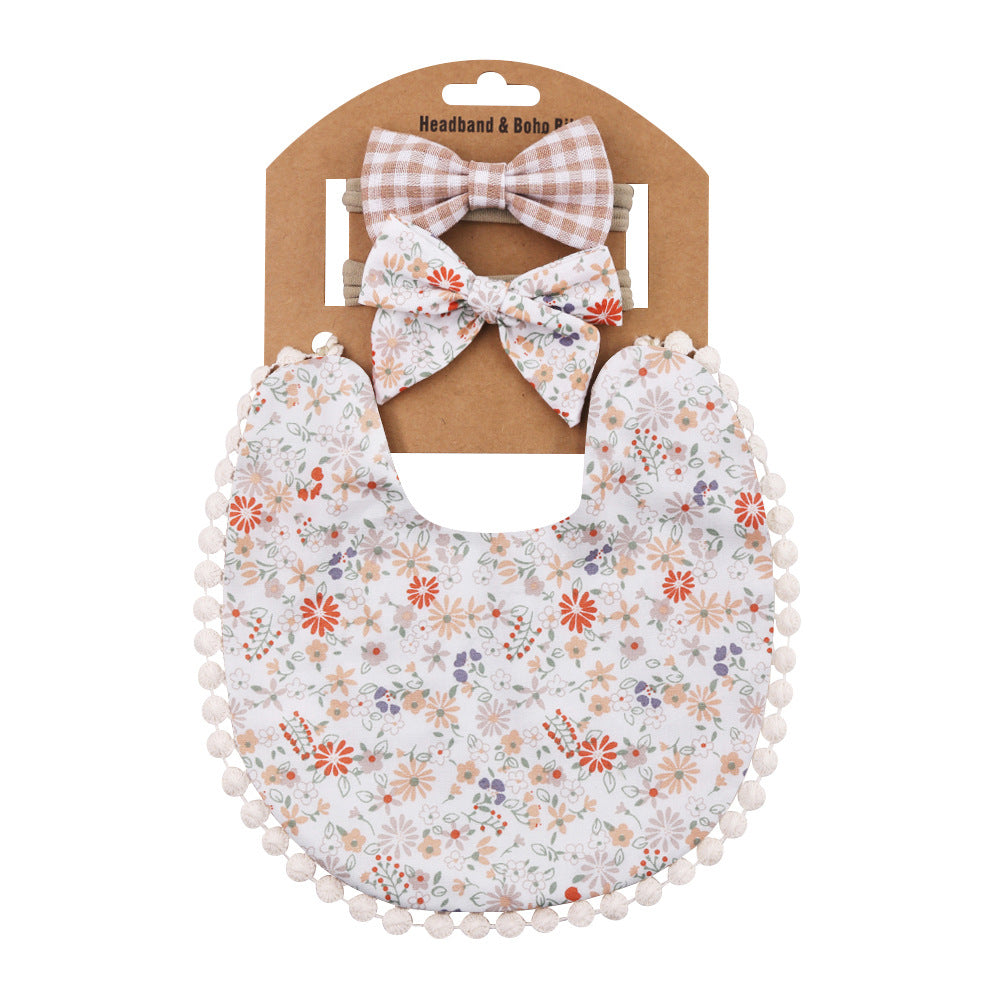 Baby Basic Floral Tassels Bib And Headband Accessories Set