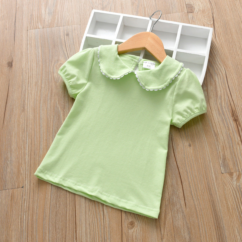 Kids Girls Basic Solid Color Doll Collar Short Sleeve T-shirt