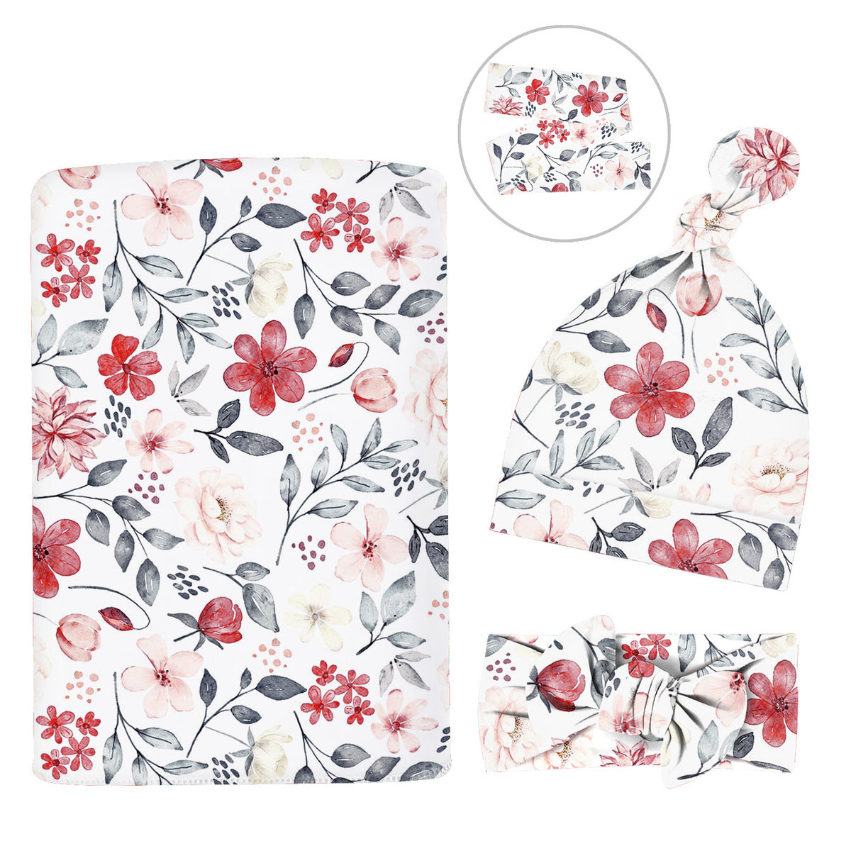 Baby Watercolor Style Printed Swaddle Headband Cap Three-Piece Set