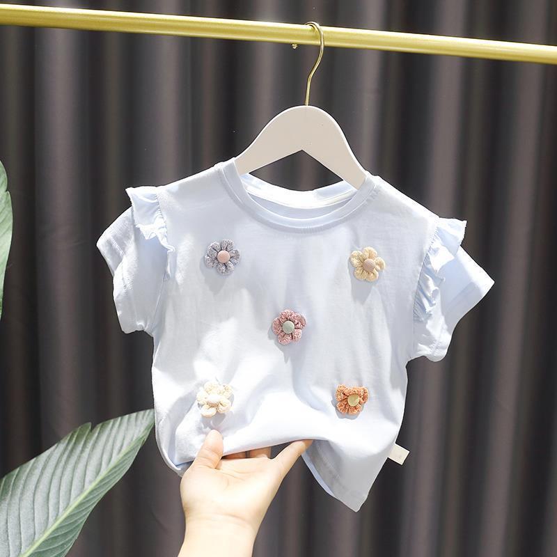 Kids Girls Cute Flower Decor Round Neck Short Sleeve Ruffled T-shirt