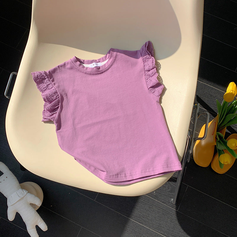 Kids Toddler Girls Casual Cute Solid Color Lace Cap Sleeve Round Neck T-Shirt
