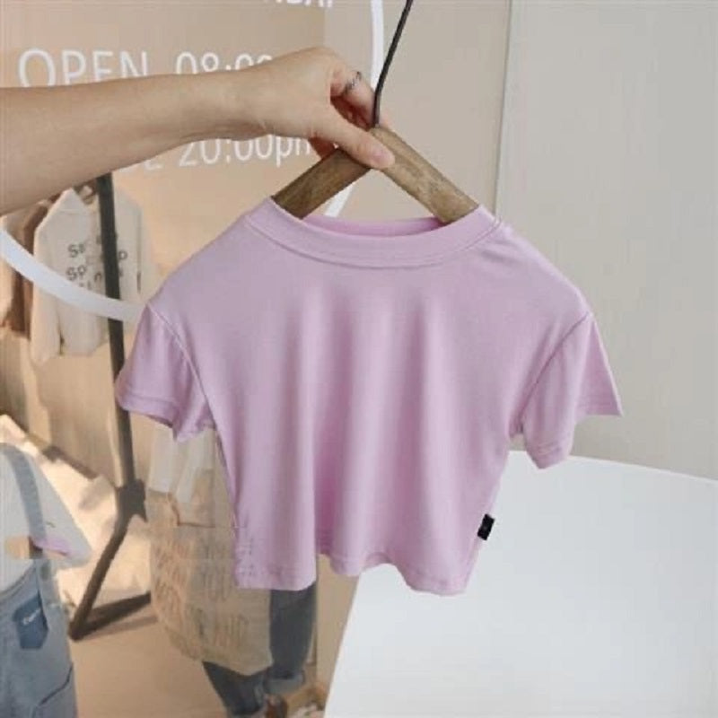 Kids Girls Simple Solid Color Round Neck Short Sleeve Loose T-shirt