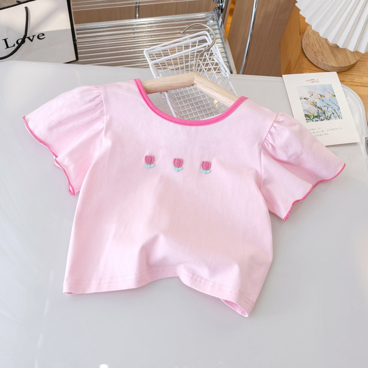 Kids Toddler Girls Casual Cute Cartoon Flower Short Sleeve Round Neck T-Shirt