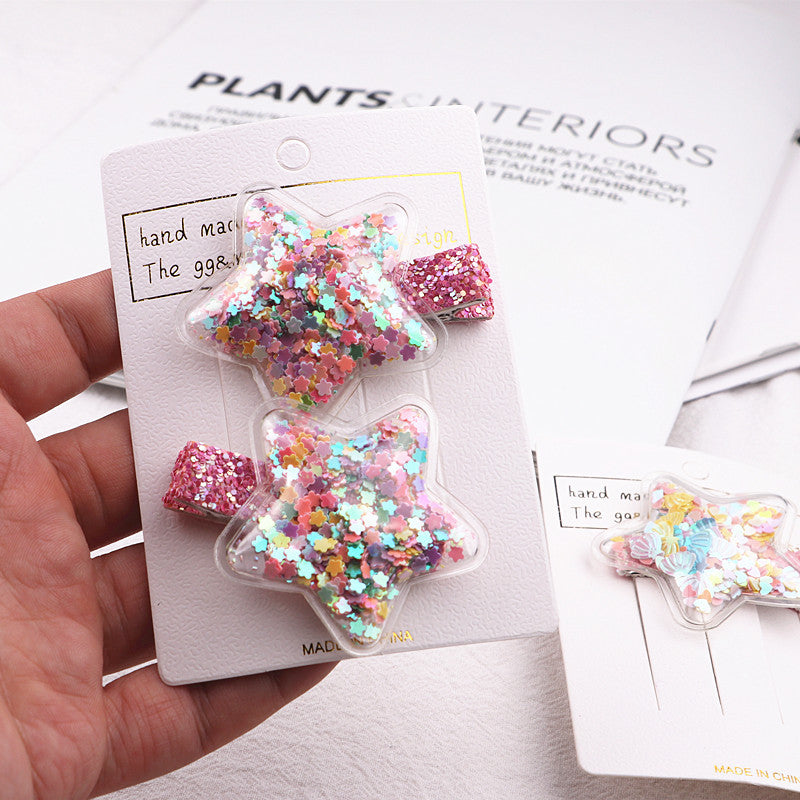 2pcs/set Girls Cute Glitter Star Quicksand Design Hairpin