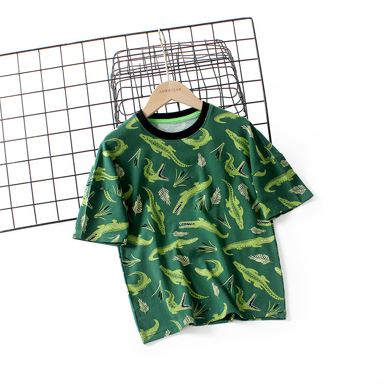 Kids Boys Casual Cartoon Animal All Over Print Round Neck Short-sleeved Loose T-shirt