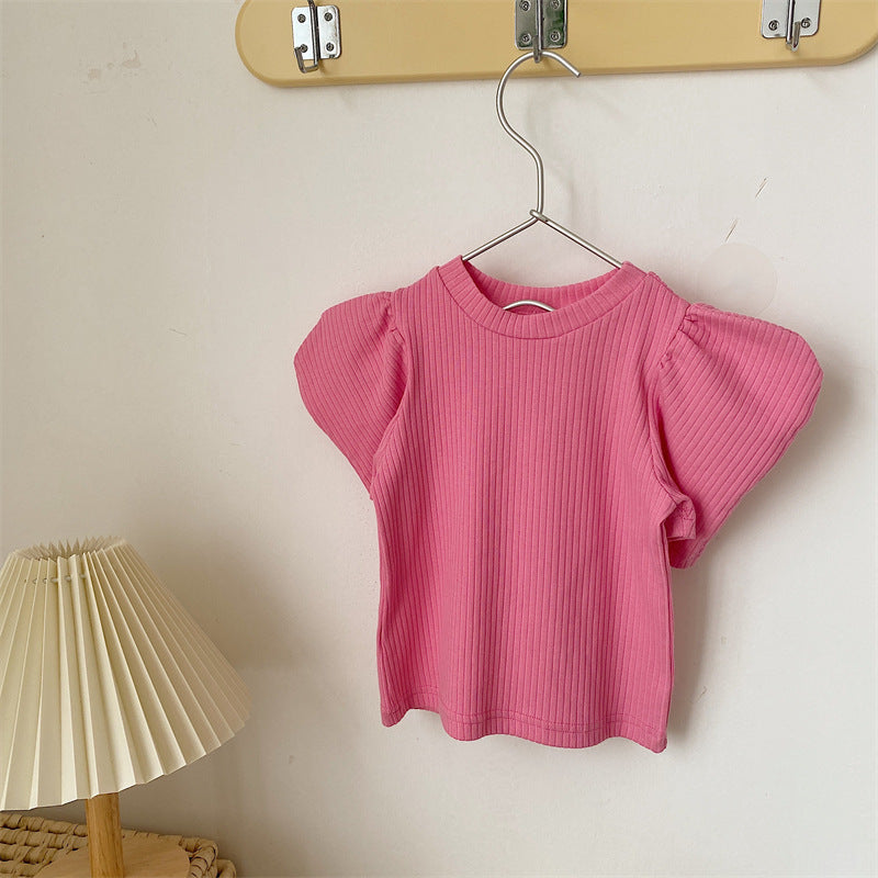 Kids Girls Basic Solid Color Puff Sleeve Round Neck Pit Stripe T-shirt