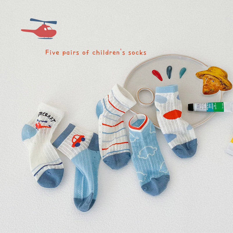 5pairs/set Kids Cute Cartoon Striped Comfortable Breathable Socks