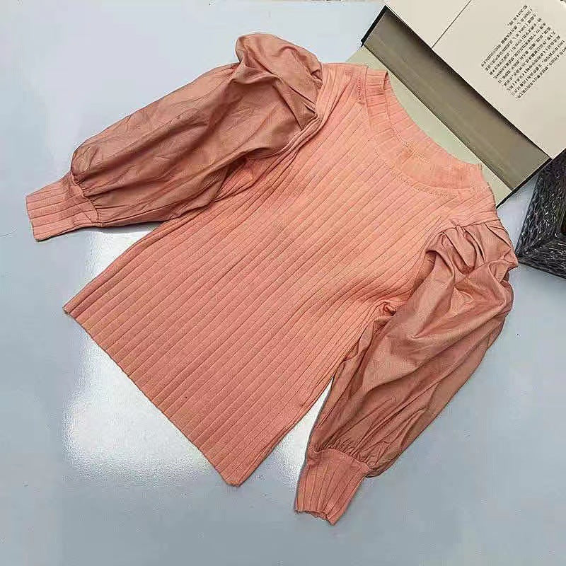 Kids Toddler Girls Fashion Casual Solid Color Rib-Knit Puff Sleeve T-Shirt