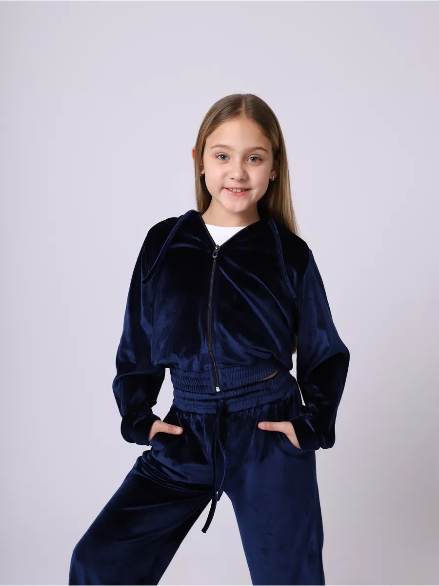 Autumn And Winter Toddler Girls Sports Velvet Zipper Hoodie Pants Casual Two-Piece Set