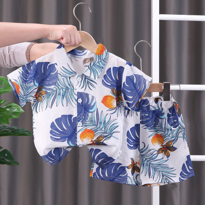 Boys' Fashion Short-Sleeved Printed Shirt Shorts Two-Piece Set