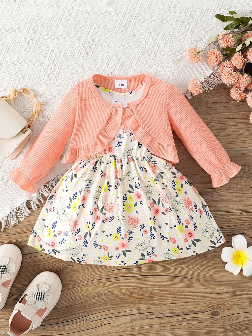 Kids Baby Girls Casual Tiny Flower Print Long Sleeve Cardigan Knitted Top Dress Sets