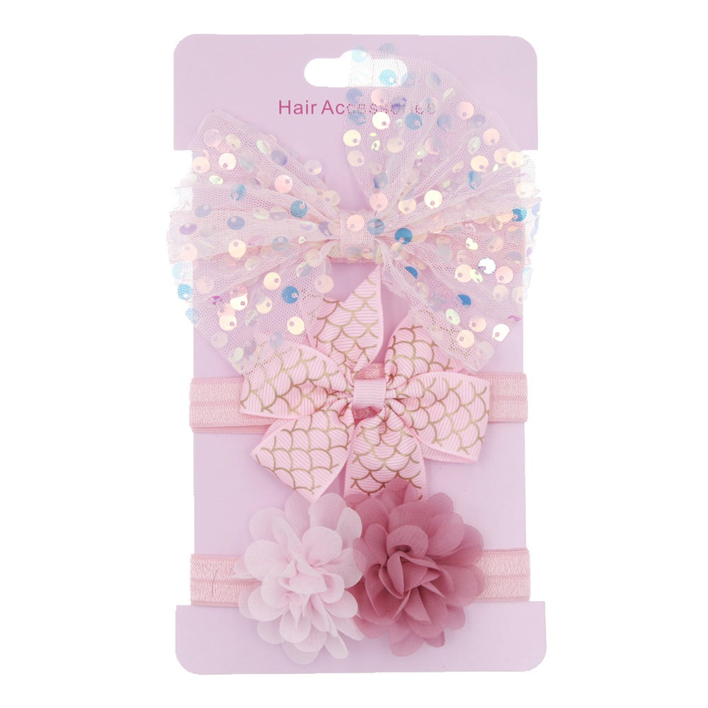 3pcs/set Kids Girls Cute Mesh Sequin Flower Pearl Bow Headband Set