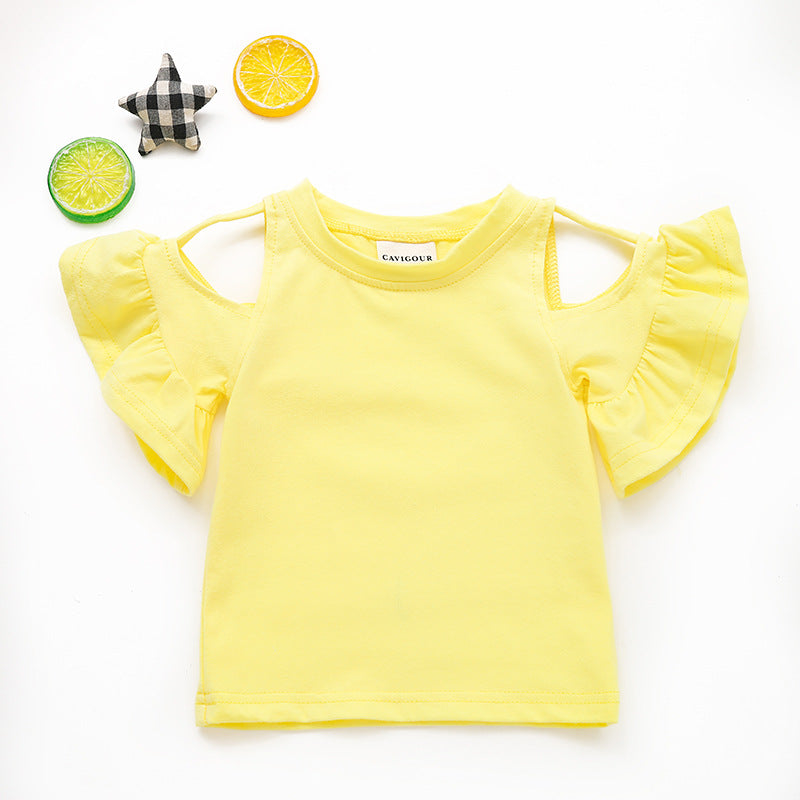 Baby Girls Simple Round Neck Short Sleeve Solid Color Cut Out Ruffled T-shirt
