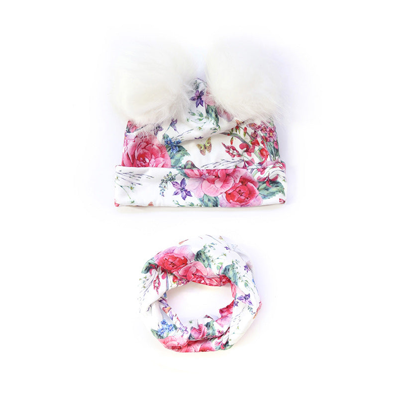 Toddlers Newborn Baby Printed Fur Cap And Bib Set