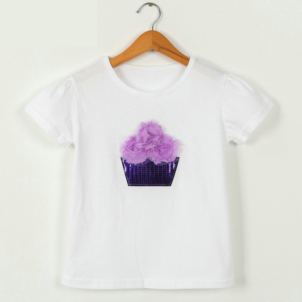 Children Kids Baby Fashion Girls Casual Basic Short Sleeve Sequin Flower T-Shirt