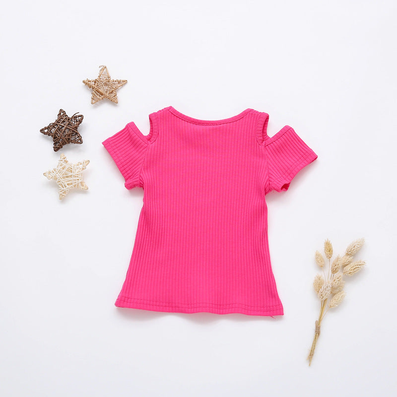 Girls Basic Solid Color Cool-shoulder Round Neck Short Sleeve T-shirt