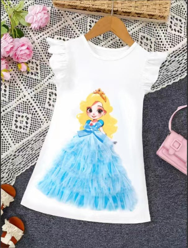 Toddler Girls Cartoon Princess Tulle Dress Printed Round Neck Cap Sleeve White Casual Dress