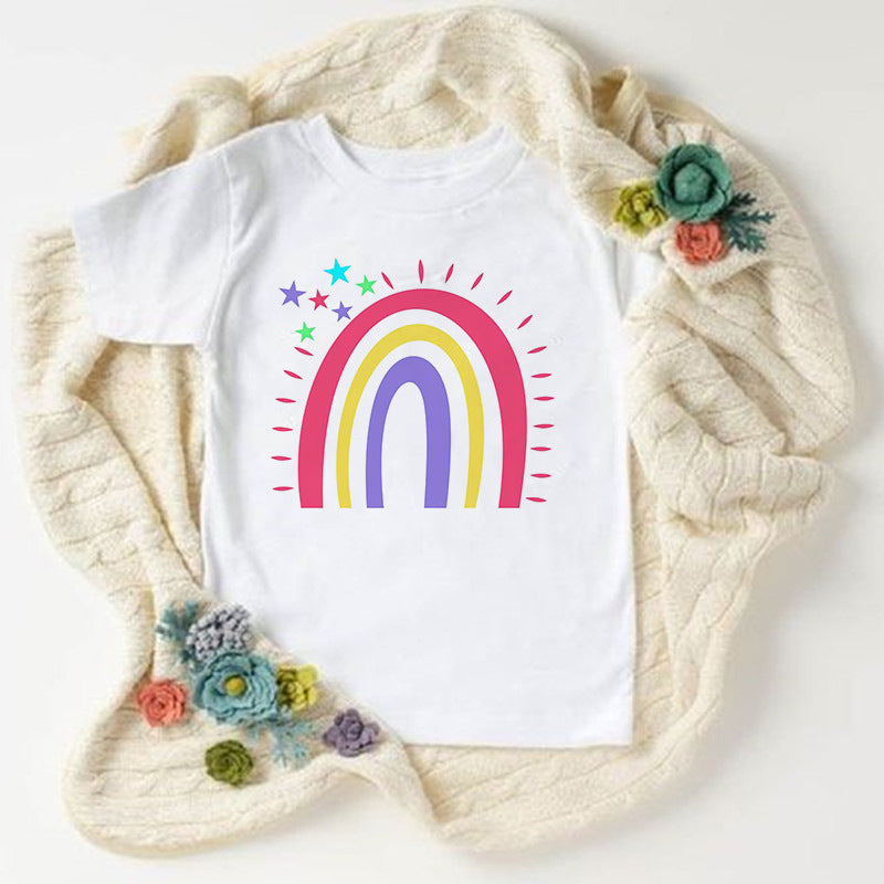 Children Kids Baby Fashion Girls Boys Basic Casual Rainbow I Love You Print Short Sleeve T-Shirt