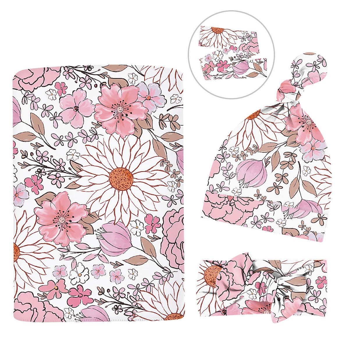 Baby Watercolor Style Printed Swaddle Headband Cap Three-Piece Set