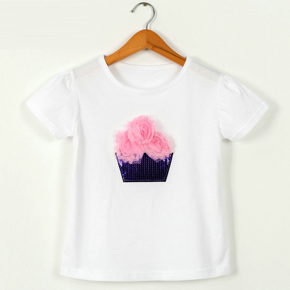 Children Kids Baby Fashion Girls Casual Basic Short Sleeve Sequin Flower T-Shirt