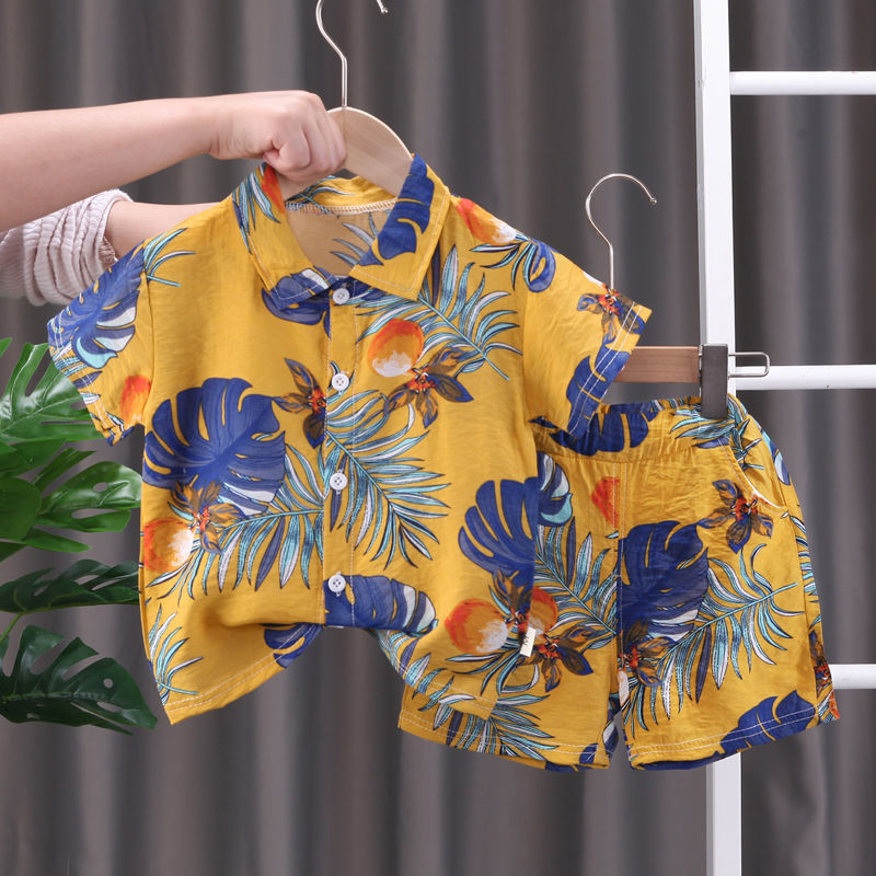 Boys' Fashion Short-Sleeved Printed Shirt Shorts Two-Piece Set