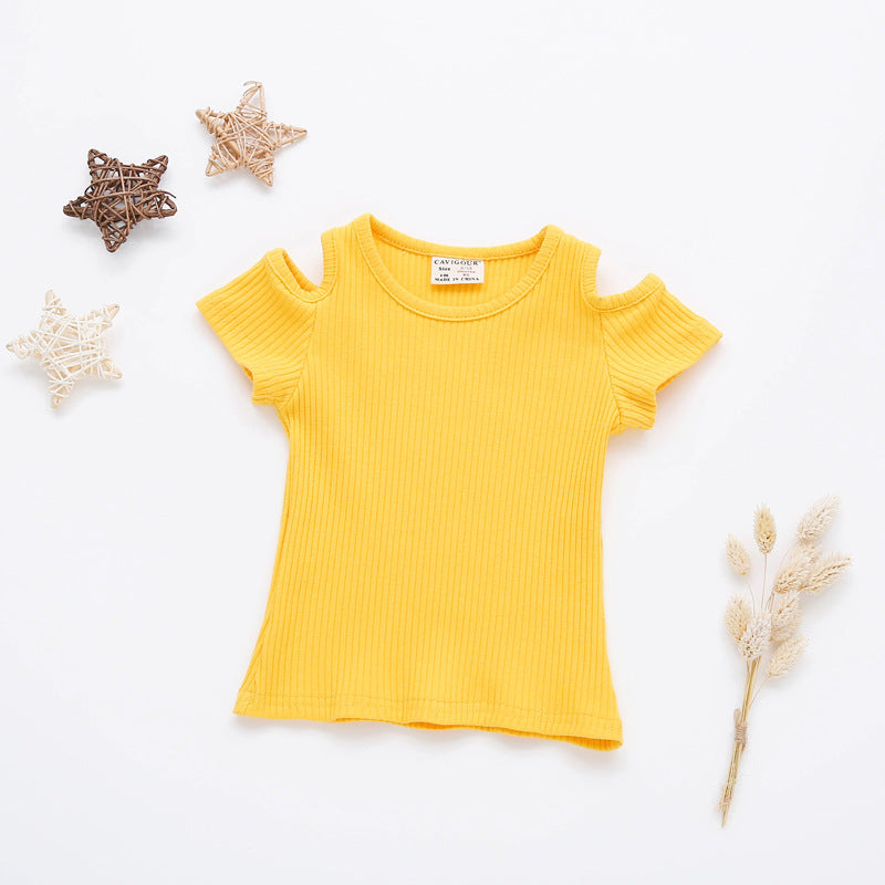 Girls Basic Solid Color Cool-shoulder Round Neck Short Sleeve T-shirt
