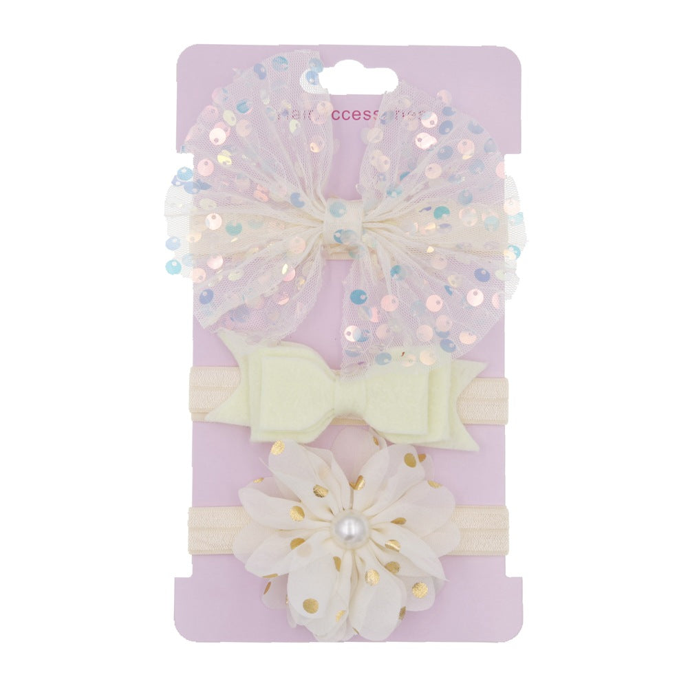 3pcs/set Kids Girls Cute Mesh Sequin Flower Pearl Bow Headband Set