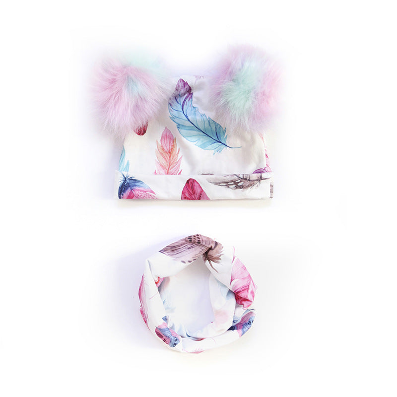 Toddlers Newborn Baby Printed Fur Cap And Bib Set